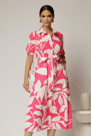 Rochie midi alba cu imprimeu fucsia tip camasa din poplin cu cordon in talie