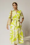 Rochie midi alba cu imprimeu verde neon tip camasa din poplin cu cordon in talie