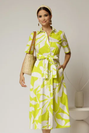 Rochie midi alba cu imprimeu verde neon tip camasa din poplin cu cordon in talie