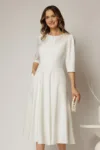Rochie midi alba de ocazie cu nasturi pe bust si guler cu broderie si margele