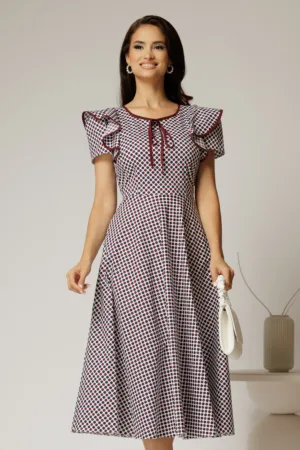 Rochie midi alba de zi cu buline negru bordo si volanase la maneci