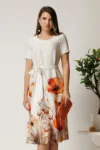 Rochie midi alba din satin cu imprimeu floral la baza si cordon in talie