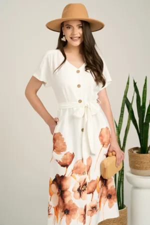 Rochie midi alba din satin cu imprimeuri florale maro la baza si cordon in talie