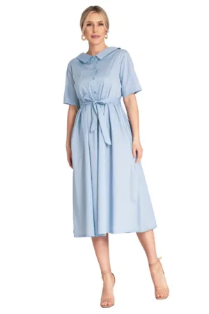 Rochie midi - albastra - bumbac - croiala simpla - inchidere cu nasturi -