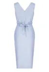 Rochie midi  albastra - cu curea - decolteu in V - din poliester -