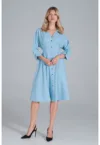 Rochie midi  albastra - cu maneci 3/4 - cu nasturi - din poliester
