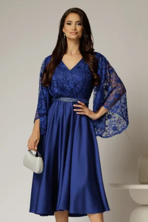 Rochie midi albastra de ocazie din satin si dantela