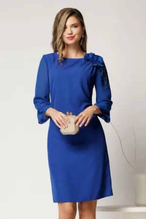 Rochie midi albastra de ocazie din triplu voal cu detalii la umar