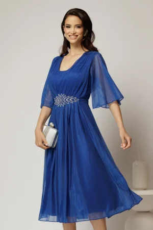 Rochie midi albastra de ocazie din voal cu sclipici si accesoriu talie