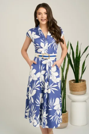Rochie midi albastra din bumbac in clos cu flori si curea in talie