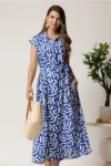 Rochie midi albastra din viscoza cu imprimeu alb si cordon