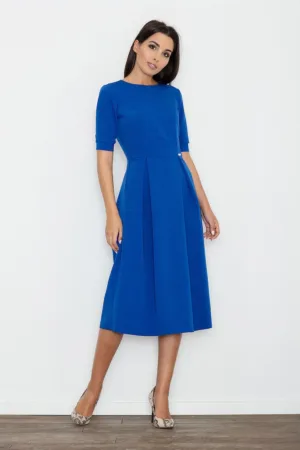 Rochie midi albastra - eleganta - cu maneci scurte - poliester