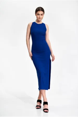 Rochie midi albastra - fara maneci - poliester - design creion