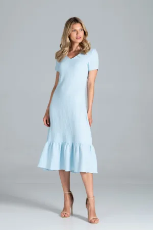 Rochie midi albastru deschis - volane - maneci scurte - bumbac
