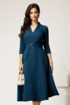 Rochie midi albastru petrol din stofa cu cordon in talie