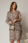 Rochie midi animal print bej din voal cu capa si croi drept