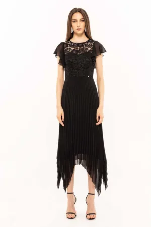 Rochie midi asimetrica cu dantela florala