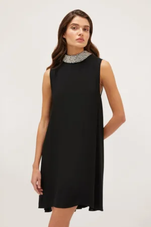 Rochie midi asimetrica cu guler cu strasuri