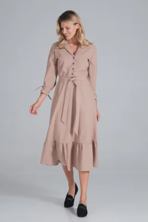 Rochie midi bej cu curea - maneci lungi - poliester 100% -