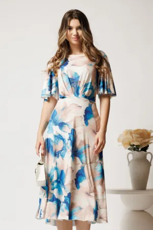 Rochie midi bej cu flori albastre din viscoza in clos cu pliuri pe bust