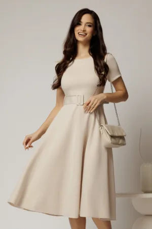 Rochie midi bej cu maneca scurta si curea in talie cu adaos de viscoza