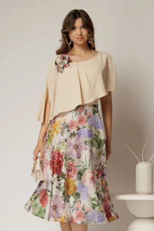 Rochie midi bej de ocazie cu imprimeuri florale pe fusta