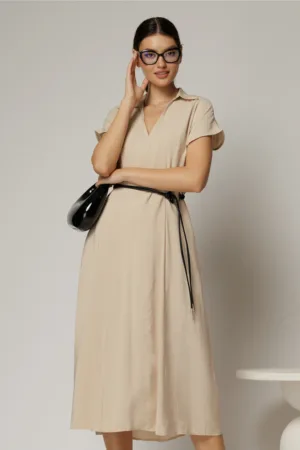 Rochie midi bej de vara din modal cu decolteu V si cordon in talie.