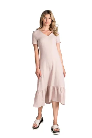 Rochie midi bej - din bumbac - cu volane - maneci scurte - pentru vara