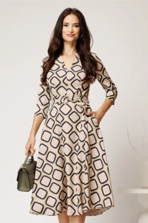 Rochie midi bej din crep cu imprimeu geometric lime si cordon in talie