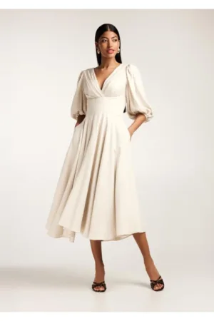 Rochie midi bej din in cu drapaje si maneci bufante Swan