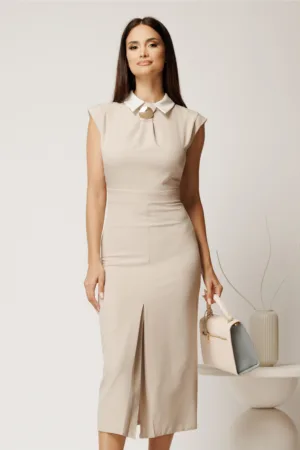 Rochie midi bej din stofa conica cu guler si aplicatie