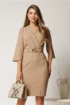 Rochie midi bej din stofa cu maneci tip lalea si curea in talie