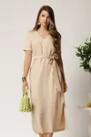 Rochie midi bej din tencel cu croi drept si cordon in talie