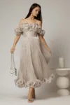 Rochie midi bej in clos din voal satinat cu volanase la bust si la baza