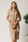 Rochie midi bej tip camasa cu nasturi si cordon in talie