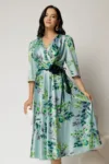 Rochie midi bleu cu imprimeu floral si cordon in contrast