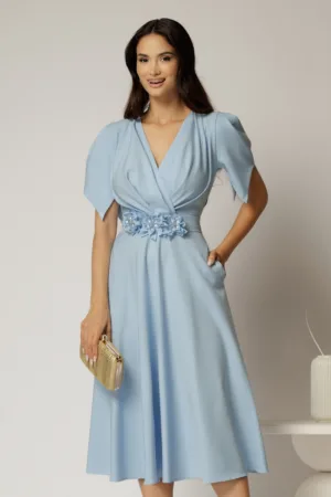Rochie midi bleu de ocazie cu pliuri pe bust si cordon detasabi cu flori