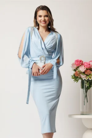 Rochie midi bleu din neopren cu franjuri din strasuri la umeri si curea in talie