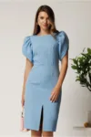 Rochie midi bleu din stofa cu croi conic si maneci tip lalea