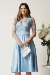 Rochie midi bleu din tafta in clos cu dantela la bust - Ella Collection Inna