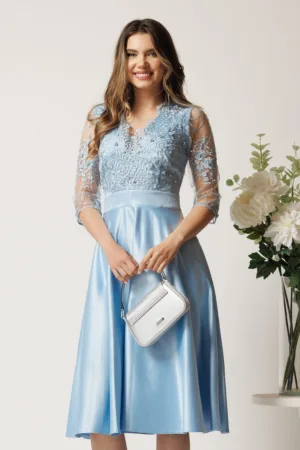 Rochie midi bleu din tafta in clos cu dantela la bust - Ella Collection Inna