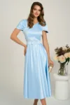 Rochie midi bleu din tafta subtire in clos cu cordon in talie- LaDonna