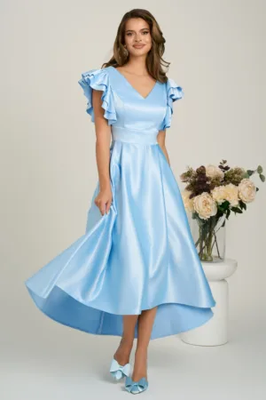 Rochie midi bleu din tafta subtire in clos cu volanase la bust