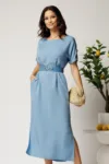 Rochie midi bleu din tencel croi drept si curea in talie