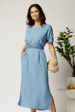 Rochie midi bleu din tencel croi drept si curea in talie