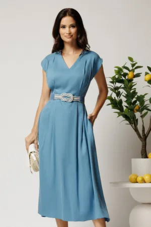 Rochie midi bleu din tencel in clos cu cu pliuri si curea in talie