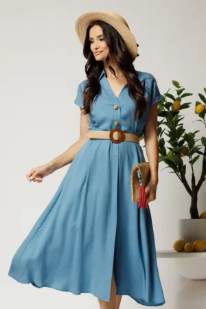 Rochie midi bleu din tencel in clos cu nasturi si curea impletita