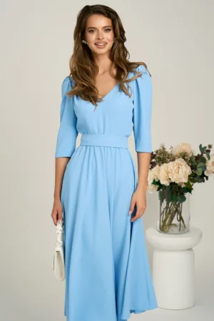 Rochie midi bleu din triplu voal in clos cu cordon in talie- LaDona