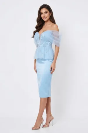 Rochie midi bleu din tul cu broderie frunză
