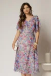 Rochie midi bleu din voal cu imprimeuri fucsia si nasturi pe bust